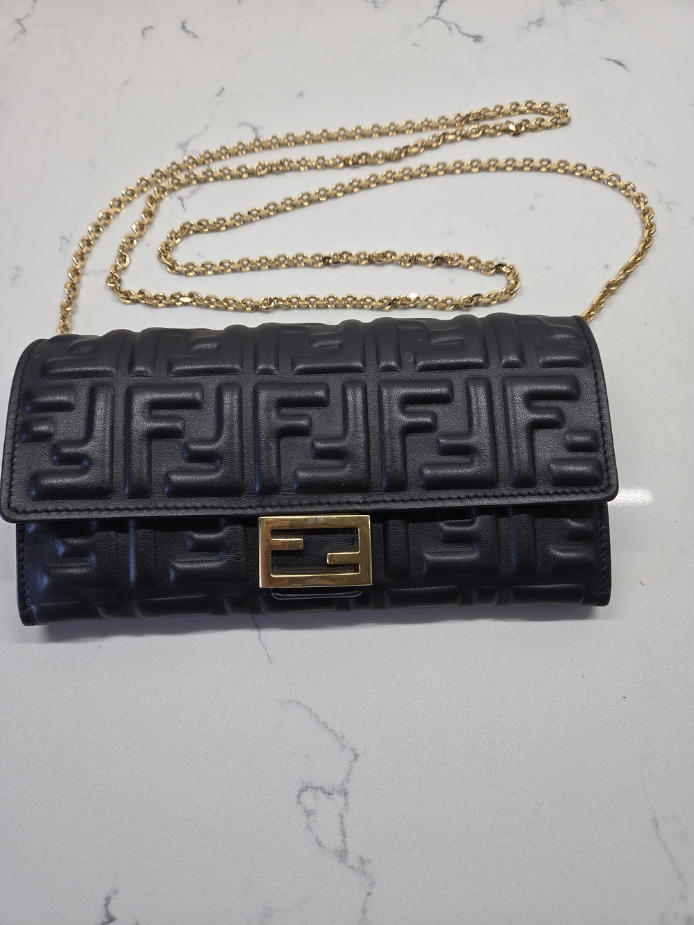 Authentic Fendi Baguette Wallet on Chain Black Lambskin Gold HW